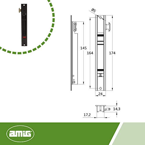 Amig - Cierre de Embutir para Ventanas y Puertas Correderas de Aluminio Mod.3600, Cerradura de Gancho para Empotrar, De Aluminio Acabado en Negro, Medidas: 174 x 23 mm