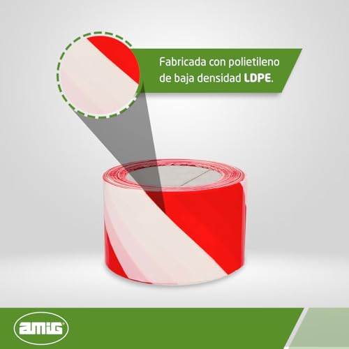 Amig - Cinta de Balizaje - Fabricada con Polietileno de Baja Densidad LDPE - 200 m de Longitud x 70 mm de ancho - Cinta de Señalización para Delimitar Zonas de Seguridad - Rojo y Blanco