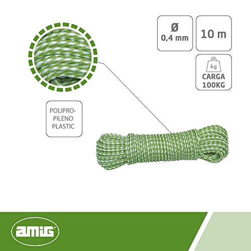 Amig - Cuerda de Plástico Trenzado Verde y Blanco Mod.20120 | Cordón Multiusos de Polipropileno para Tendederos de Ropa, Sujecciones de Lonas, Jardinería, Agricultura o Pesca