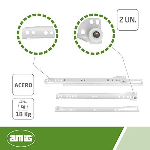 Amig - Juego de 2 Guías Correderas Metálicas con ruedas | Rieles para Cajones de Muebles, Cajoneras o Armarios | Acero | Color Blanco | Resistencia de carga: 18 Kg/Par | Medidas: 450 mm