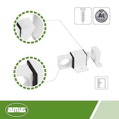 Amig - Pasador de Sobreponer para Ventanas | Pestillo de Perno Apto para Cierre Horizontal o Vertical | De Aluminio Acabado en Blanco | Medidas: 22 x 40 mm | Incluye Tirafondos