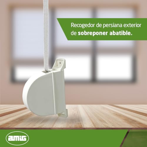 Amig - Recogedor de Persiana Exterior de Sobreponer Abatible - PVC - 3,5 x 17,4 x 12,5 cm (Ancho x Largo x Fondo). Medida de la cinta: 14 mm (Ancho) - Resistente - Color: Blanco/Pintas