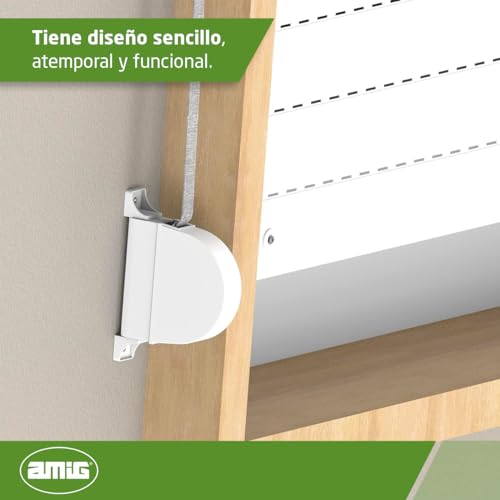 Amig - Recogedor de Persiana Exterior de Sobreponer Abatible - PVC - 3,5 x 17,4 x 12,5 cm (Ancho x Largo x Fondo). Medida de la cinta: 14 mm (Ancho) - Resistente - Color: Blanco/Pintas