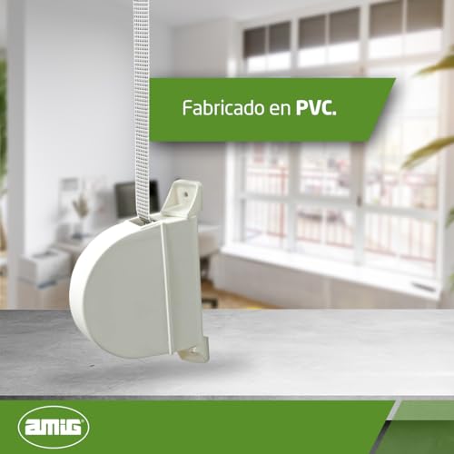 Amig - Recogedor de Persiana Exterior de Sobreponer Abatible - PVC - 3,5 x 17,4 x 12,5 cm (Ancho x Largo x Fondo). Medida de la cinta: 14 mm (Ancho) - Resistente - Color: Blanco/Pintas