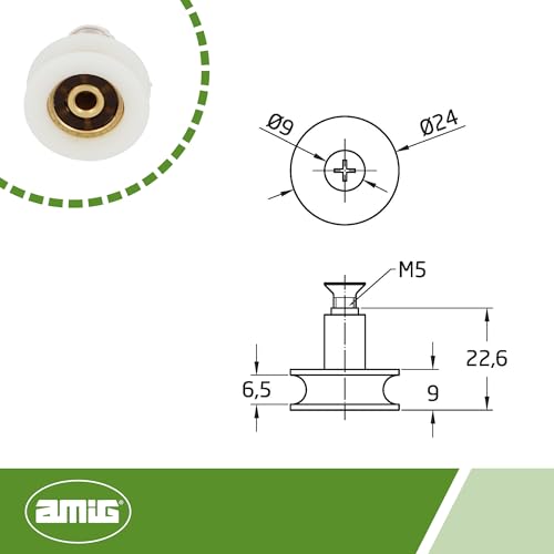 Amig - Rodamiento Mampara de Ducha | Juego de 2 Unidades | Ø 24 x 23 mm | Rodamiento Semicircular y Tornillo M5x8 | Para Puerta Corredera de Duchas de Baños | Nylon Blanco