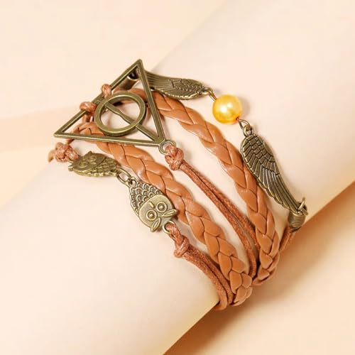 Amindz Pulseras de Harry Potter, Reliquias de la Muerte Golden, Pulsera y Las Reliquias de la Muerte con Búho y Alas, para Hombres y Mujeres, Pulsera de Reliquias de la Muerte, Regalo para Amantes