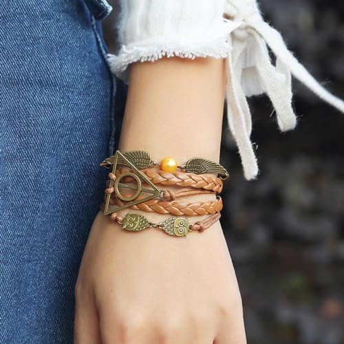 Amindz Pulseras de Harry Potter, Reliquias de la Muerte Golden, Pulsera y Las Reliquias de la Muerte con Búho y Alas, para Hombres y Mujeres, Pulsera de Reliquias de la Muerte, Regalo para Amantes