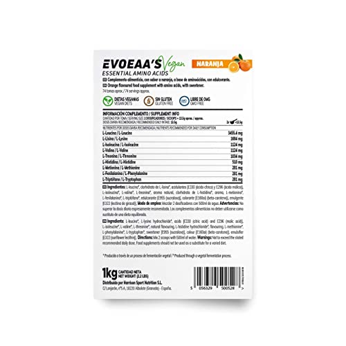 Aminoácidos Esenciales en Polvo de HSN Evoeaa's | Sabor Naranja 1 Kg = 74 Tomas por Envase | Leucina, Isoleucina, Valina, Lisina, Metionina, Treonina, Triptófano, Histidina, Fenilalanina