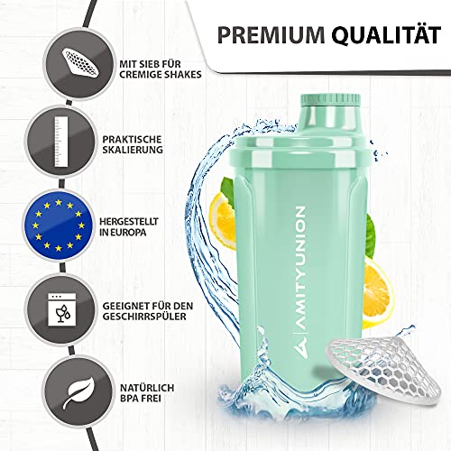 AMITYUNION Coctelera de proteínas 700 ml Heaven a prueba de fugas, sin BPA con tamiz y escala que se pueden hacer clic para batidos cremosos de suero, mezclador de proteínas, original en Azul menta