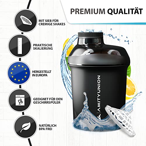 AMITYUNION Protein Shaker 400 ml con tamiz - ORIGINAL Fitness Mixer - Sin BPA, Con escala para batidos cremosos de proteína de suero de leche en polvo, Concentrados de proteína BCAA en negro deluxe