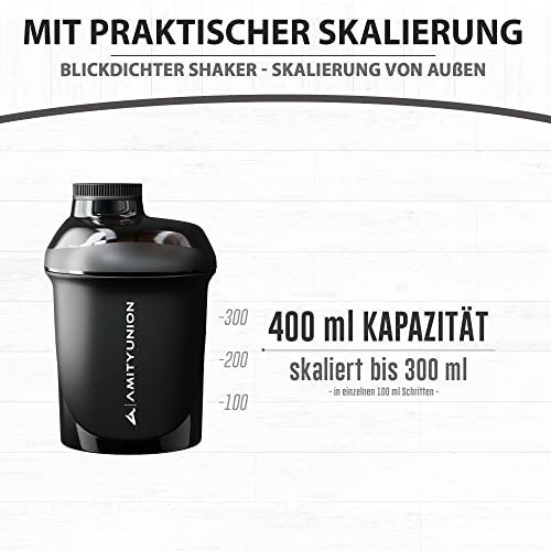 AMITYUNION Protein Shaker 400 ml con tamiz - ORIGINAL Fitness Mixer - Sin BPA, Con escala para batidos cremosos de proteína de suero de leche en polvo, Concentrados de proteína BCAA en negro deluxe