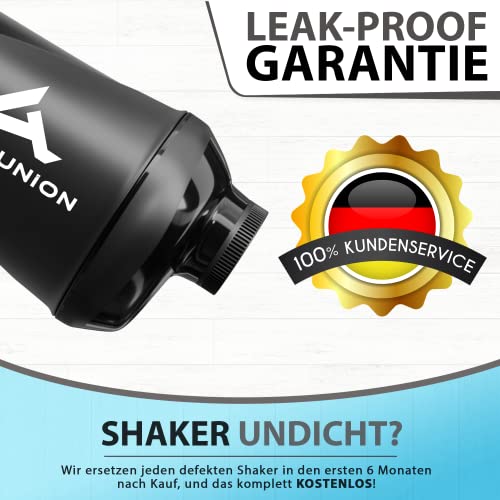 AMITYUNION Shaker Deluxe - Proteína Shaker a prueba de fugas - BPA libre y con la escala tamiz de polvo de Proteína de suero cremoso sacude (midnight black 800ml)