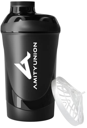 AMITYUNION Shaker Deluxe - Proteína Shaker a prueba de fugas - BPA libre y con la escala tamiz de polvo de Proteína de suero cremoso sacude (midnight black 800ml)