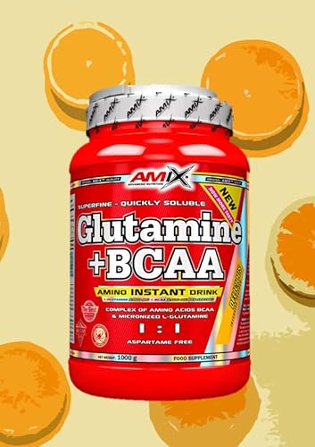 Amix - Glutamina + Bcaa - Suplemento Alimenticio - Mejora del Rendimiento - Contiene Aminoácidos Bcaa - Glutamina en Polvo - Nutrición Deportiva - Sabor a Naranja - Bote de 1 Kg