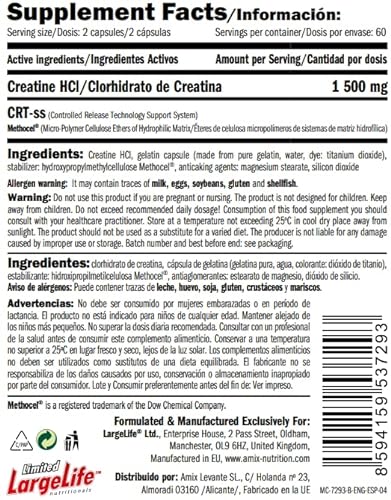 Amix MuscleCore CreAge suplemento alimenticio con alto cocnentrado de creatina HCL, 120 cápsulas