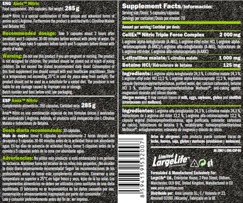 Amix - Nitric - Suplemento Alimenticio - Contiene Óxido Nitrico - Mejora la Fuerza - Favorece la Congestión - Nutrición Deportiva - Contiene 125 Cápsulas