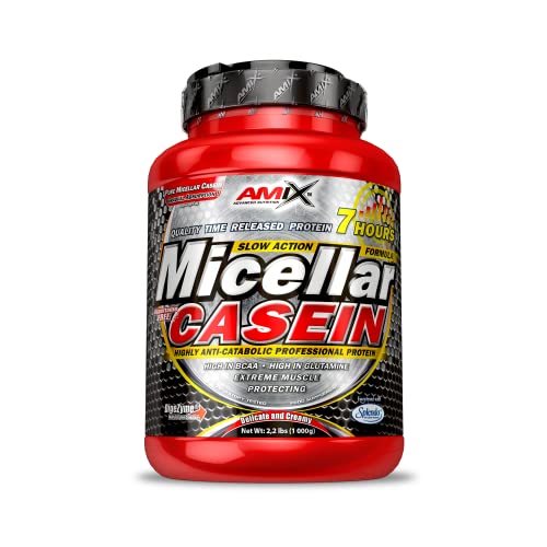 AMIX - Proteína Isolada Micellar Casein - Complemento Alimenticio con Alta Proporción de Caseína Micelar - Proteína para Ganar Masa Muscular - Contiene Enzimas Digestivas - Sabor Fresa - 1 KG