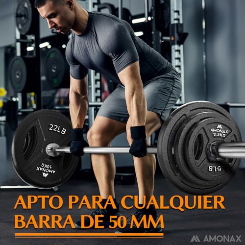 Amonax discos pesas, 2,5kg, 5kg, 10kg discos mancuernas para barras olimpicos 50mm, discos de pesas metálicas para levantamiento y empuje de cadera, placas de hierro fundido para gimnasio en casa