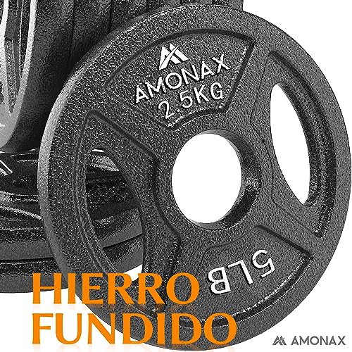 Amonax discos pesas, 2,5kg, 5kg, 10kg discos mancuernas para barras olimpicos 50mm, discos de pesas metálicas para levantamiento y empuje de cadera, placas de hierro fundido para gimnasio en casa