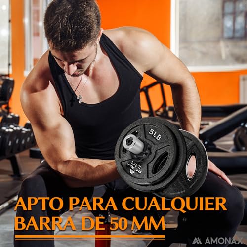 Amonax discos pesas, 2,5kg, 5kg, 10kg discos mancuernas para barras olimpicos 50mm, discos de pesas metálicas para levantamiento y empuje de cadera, placas de hierro fundido para gimnasio en casa