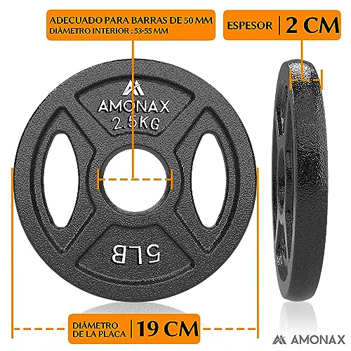 Amonax discos pesas, 2,5kg, 5kg, 10kg discos mancuernas para barras olimpicos 50mm, discos de pesas metálicas para levantamiento y empuje de cadera, placas de hierro fundido para gimnasio en casa