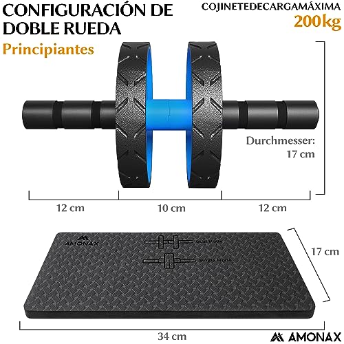 Amonax - Rodillo de rueda para abdominales con alfombrilla grande para ejercitar abdominales, doble rueda con modos de entrenamiento de fuerza dual en el gimnasio en casa (Azul)