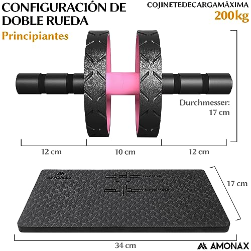 Amonax - Rodillo de rueda para abdominales con alfombrilla grande para ejercitar abdominales, doble rueda con modos de entrenamiento de fuerza dual en el gimnasio en casa (Rosa)