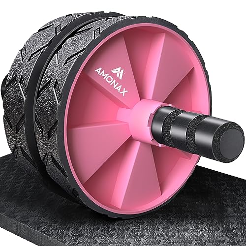 Amonax - Rodillo de rueda para abdominales con alfombrilla grande para ejercitar abdominales, doble rueda con modos de entrenamiento de fuerza dual en el gimnasio en casa (Rosa)