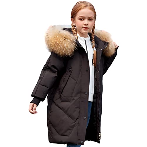 amropi Abrigo para Niña Invierno Chaqueta con Pelo Capucha Plumas Caliente Ropa Negro,7-8 años