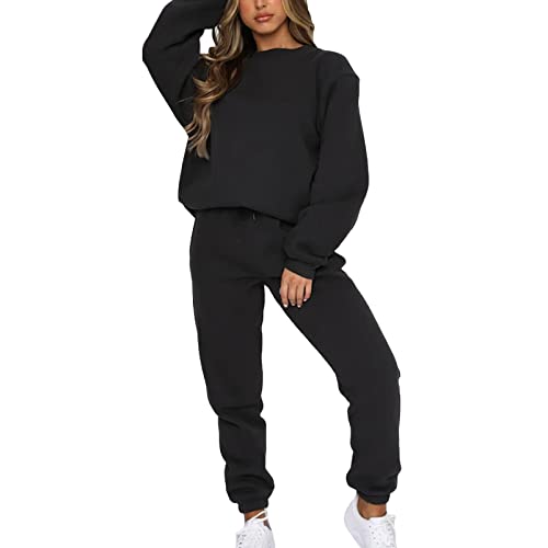 amropi Chándal de Mujer Sudadera Pullover de Lana y Pantalones Conjunto de Ropa L,Negro