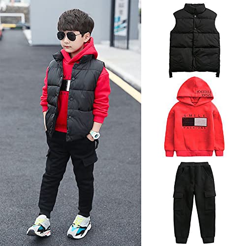 amropi Chándal Niños 3 Piezas Sudadera con Capucha y Cálido Chaleco y Pantalones Jogging Conjunto Ropa Rojo Negro, 7-8 años