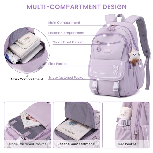 Amythe Mochilas Escolares para Niñas Adolescentes, Mochila Chicas Informal Grande Impermeable Bolsas Escolare Con Bonito Colgante para Niñas de 10 12 14 16 años, Apto para Carro, Morado