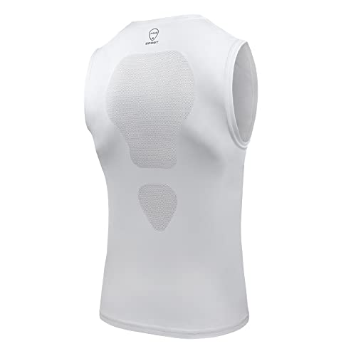 AMZSPORT Camiseta de Compresión Sin Mangas para Hombre, Chaleco de Gimnasio de Secado Rápido Capa Base para Correr, Blanco, L