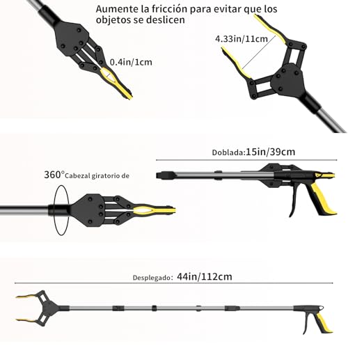 ANANOR 112 cm Pinzas Recoge Objetos, Mandíbula Ancha Mejorada con Cabezal Giratorio de 360° y Bolsas de Almacenamiento, Pinzas Recoger Basura, Agarrador Magnético, para Personas con Movilidad Reducida