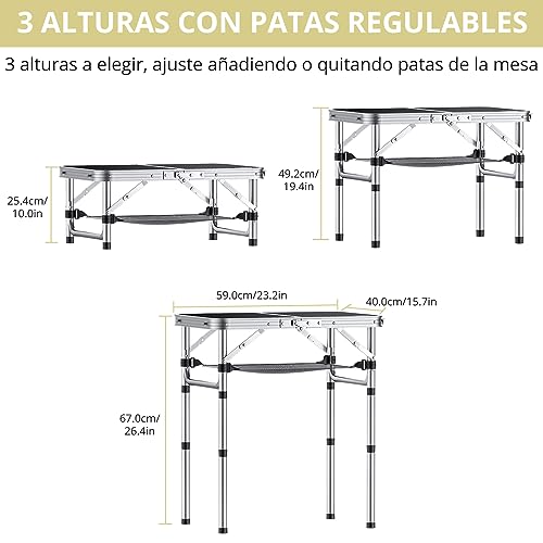 Anbte Mesa Plegable Camping, Mesas de Acampada Portátil 59x40x25.4/49.2/67cm Ajustable Altura Mesa Playa Aluminio Impermeable Resistente a la Oxidación Negro para Terraza Playa Exterior