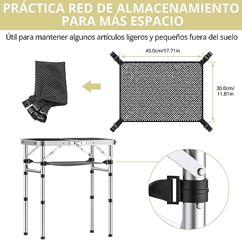 Anbte Mesa Plegable Camping, Mesas de Acampada Portátil 59x40x25.4/49.2/67cm Ajustable Altura Mesa Playa Aluminio Impermeable Resistente a la Oxidación Negro para Terraza Playa Exterior