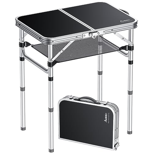 Anbte Mesa Plegable Camping, Mesas de Acampada Portátil 59x40x25.4/49.2/67cm Ajustable Altura Mesa Playa Aluminio Impermeable Resistente a la Oxidación Negro para Terraza Playa Exterior