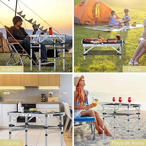 Anbte Mesa Plegable Camping, Mesas de Acampada Portátil 59x40x25.4/49.2/67cm Ajustable Altura Mesa Playa Aluminio Impermeable Resistente a la Oxidación Negro para Terraza Playa Exterior