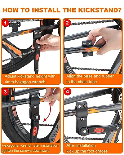 ANDIMEI Patas de Cabra Caballetes Bicicleta - Universal Ajustable Bike Stand con pie Goma Antideslizante, Aluminio Caballete Bici Soporte para 24-28" Montaña Ciclismo BMX Carretera Bicicletas (Negro)