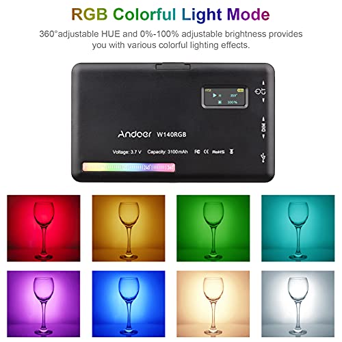 Andoer W140 Luz de Video LED RGB, Luz de Cámara RGB Recargable CRI95 + 2500K-9000K 20 Efectos de Luz Regulables con Pantalla LCD Adaptador de Zapata Fría para Grabación de Videoconferencia