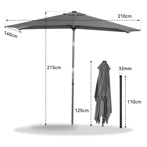 Angel Living 2.1x1.4M Sombrilla Parasol de Aluminio y Poliéster, Parasol Inclinado con Manivela, Mástil Aluminio 38mm (Gris)