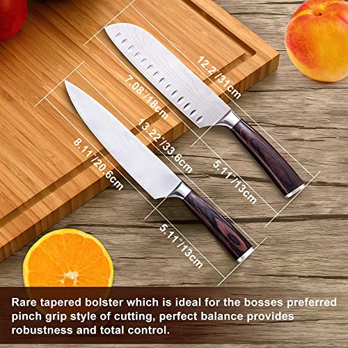 Anhichef Set de Cuchillos de Cocina, Cuchillos de Cocina Damasco Profesionales 20cm + Cuchillo Santoku Japones 18cm, Acero Inoxidable Alemán de Alto Carbono