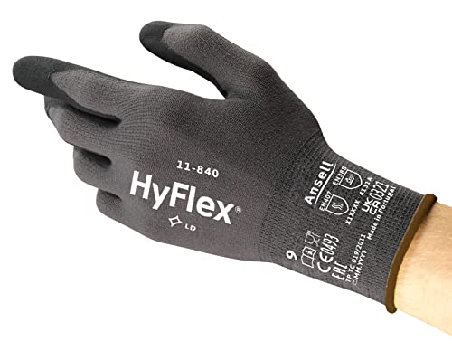 Ansell HyFlex 11-840 Guantes de Trabajo Profesionales, Revestimiento de Nitrilo Antideslizante y Transpirable, Protección Mecánica Multiusos, Seguridad Industrial, Negro, Talla M (1 Par)