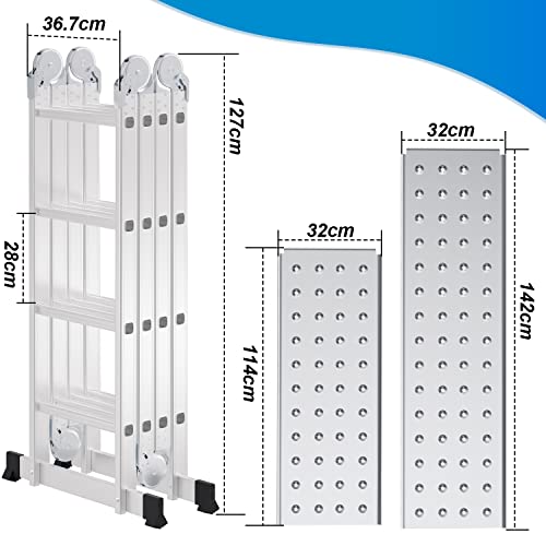 Ansobea Escalera multiusos de aluminio de 4,7 m, 4 x 4 peldaños, con plataforma, escalera con 2 placas de andamio, escalera de hasta 150 kg, escalera plegable de 16 peldaños, color plateado