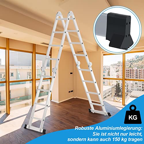 Ansobea Escalera multiusos de aluminio de 4,7 m, 4 x 4 peldaños, con plataforma, escalera con 2 placas de andamio, escalera de hasta 150 kg, escalera plegable de 16 peldaños, color plateado