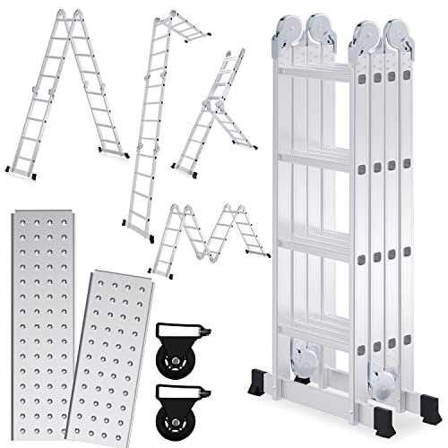 Ansobea Escalera multiusos de aluminio de 4,7 m, 4 x 4 peldaños, con plataforma, escalera con 2 placas de andamio, escalera de hasta 150 kg, escalera plegable de 16 peldaños, color plateado