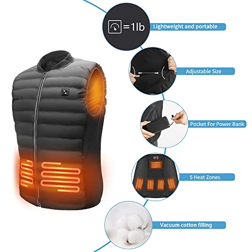 Antelife Chaleco Calentador con 3 Temperaturas Ajustables, USB Chaleco Térmico Eléctrico con 5 Almohadillas Térmicas, Chaleco Calefactable Lavable para Hombre Caza Camping Senderismo(Batería No)