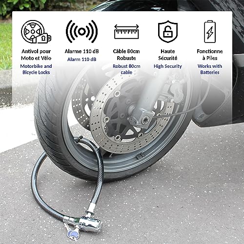 Antirrobo para bici, scooter o moto con alarma de 110 decibelios - Candado de seguridad para bici con cierre de llave - Funciona con pilas - Antirrobo de cable ⌀ 2 CM, largo 80 CM - Negro