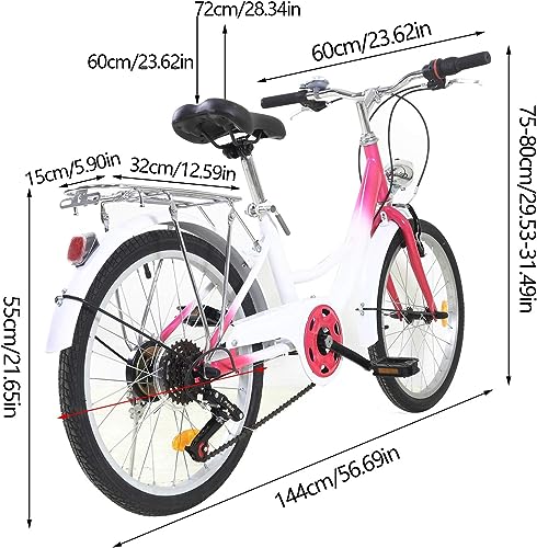 AOAPUMM Bicicleta infantil de 20 pulgadas, 6 velocidades, para niños y niñas, color rosa + blanco