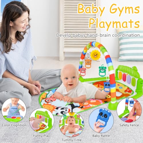 AOMIG Gimnasio De Juegos Para Bebe,Manta de Juego para Bebé con Piano con 3Sonidos y 5Accesorios,Motivo de Animales,Tapete De Juegos Para Bebés de 0-24 Meses que,Alfombra Piano Gimnasio para Bebés